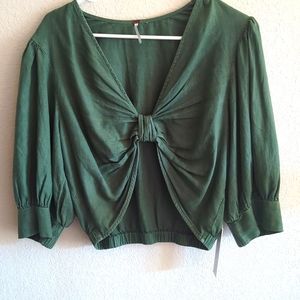 YFB Young Fabulous Broke Green Linen Blend Cropped  3/4 Shirt Women’s Large